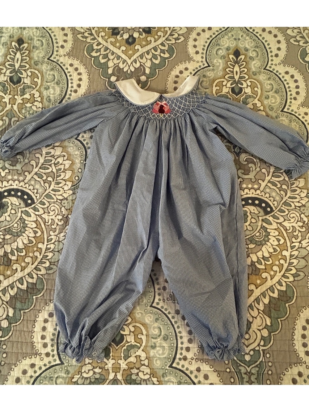 Stitchy Fish Blue Gingham Thanksgiving Turkey Romper 3T NWOT